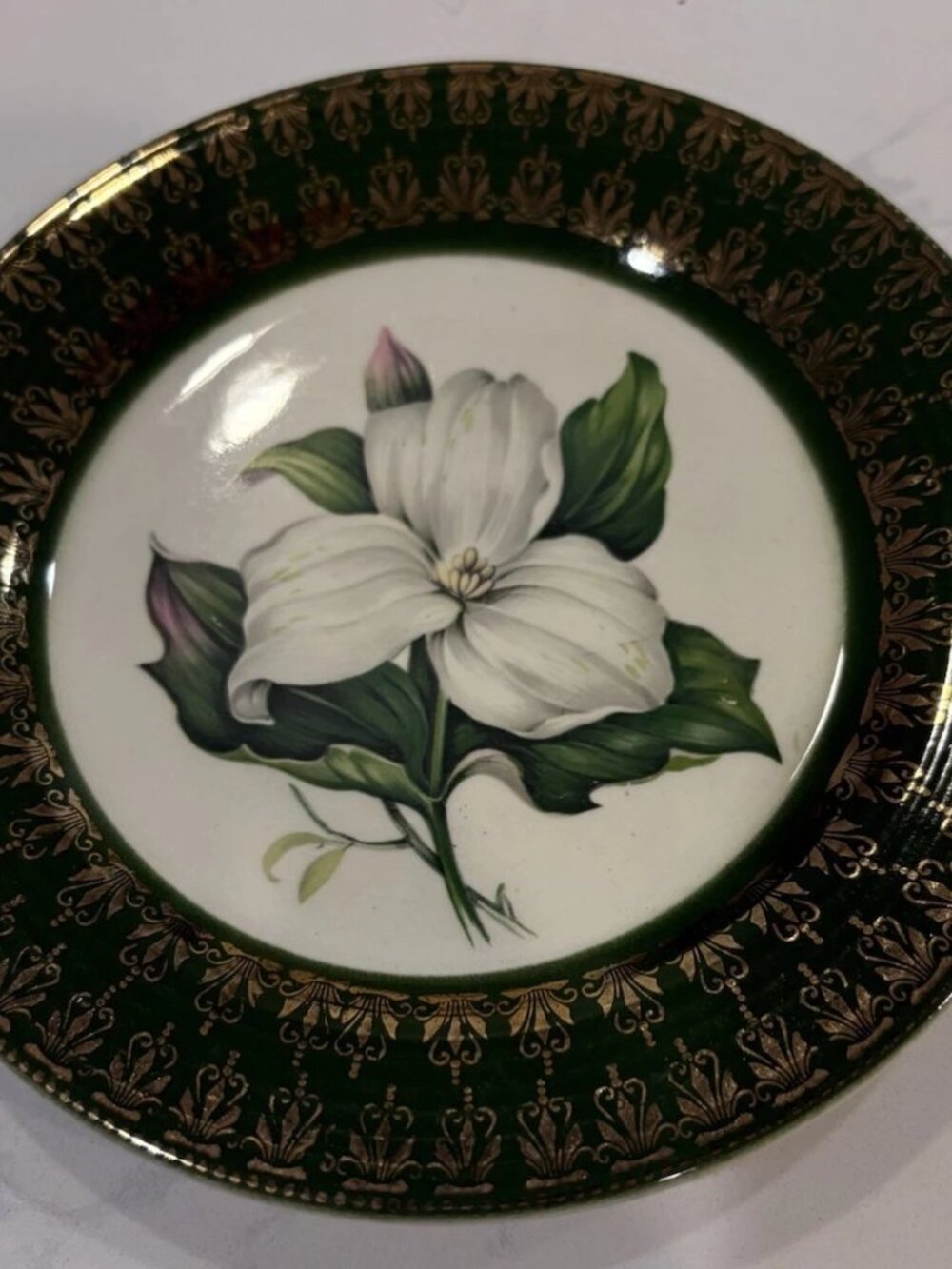 Set TWO Vintage Trillium Bread & Butter Or Dessert Plate 24K Gold Green STUNNING